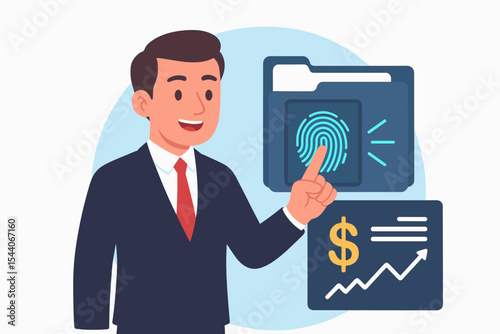 Businessman in suit using biometric fingerprint scan for secure digital access to financial records, data security, authentication, business analytics, finance technology vector illustration