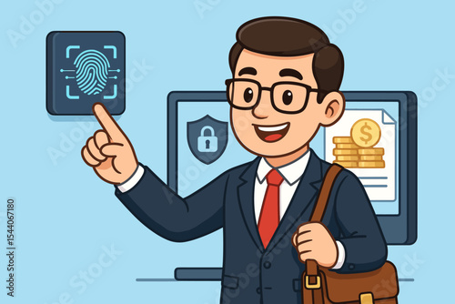 Businessman using biometric fingerprint scanner for secure access to financial data, online banking, cybersecurity, digital identity verification, secure login, cartoon vector illustration