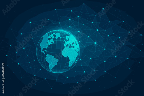 Futuristic Global Network Connection Concept. Abstract Science Background. Digital Internet Technology. World Data Grid. Cybersecurity. AI. Blockchain. Big Data. Telecommunication Web System.