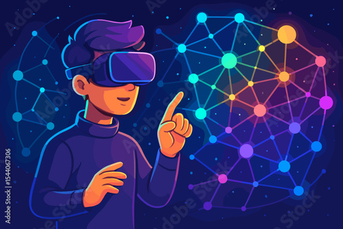 Man in VR glasses interacting with a futuristic metaverse. Colorful network visualization of big data. Vector cartoon illustration of virtual reality technology and cyberspace.