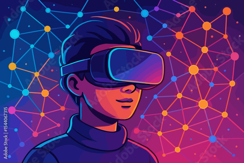 Person experiencing immersive futuristic metaverse virtual reality with vibrant VR goggles and a colorful abstract network connection visualization. Digital world technology illustration.