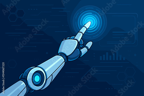 Futuristic Robotic Hand Touching Virtual Interface with AI Technology. Advanced Robot Arm Interacting with Digital Data, Innovation, Automation, and Artificial Intelligence in Cyber Space.