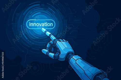Futuristic robotic hand pressing innovation button on digital virtual interface. Artificial intelligence, hi-tech technology, automation, cybernetics, machine learning, progress, blue background