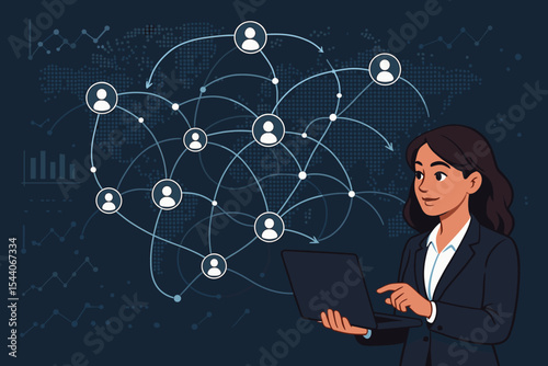 Businesswoman using laptop analyzing global business network connections, customer data exchange, digital communication, worldwide teamwork, corporate strategy, information technology