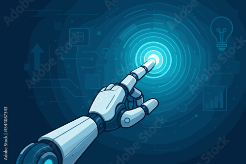 Futuristic robotic hand touching digital interface. Artificial intelligence technology, innovation, automation concept. Robot finger activating virtual touchscreen, machine learning, tech progress art