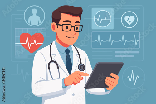 Cardiologist doctor analyzing patient heart data on digital tablet with futuristic virtual medical dashboard, ECG, heart rate monitoring, healthcare technology, modern hospital vector illustration