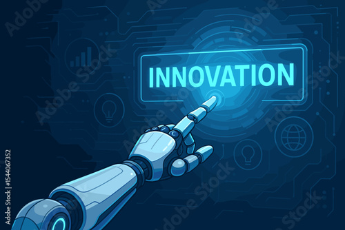 Futuristic robotic arm presses an innovation button on a virtual screen. Artificial intelligence, technology, and automation concepts. Digital interface for business progress and ideas.