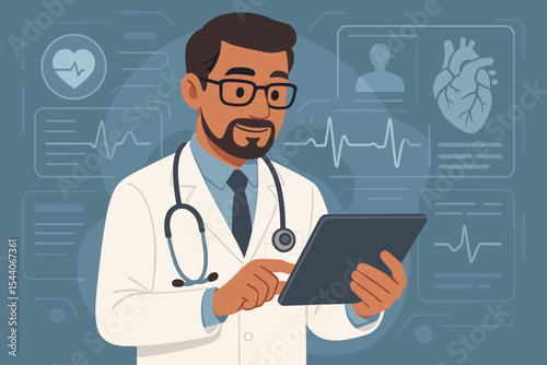 Cardiologist using digital tablet for patient health monitoring. Modern medical technology interface. Heart rate data analysis. Healthcare professional, stethoscope, hospital, telemedicine vector