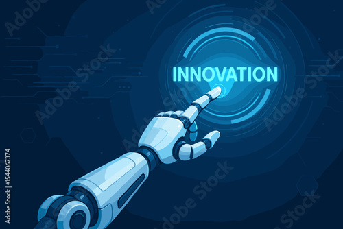 Futuristic robotic hand touches glowing innovation button on digital virtual interface. Artificial intelligence, technology advancement, automation concept. Modern AI robot finger interaction.