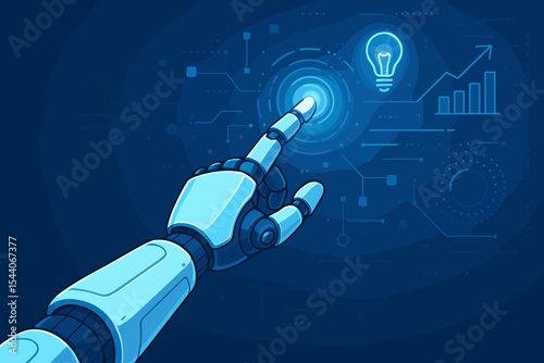 Futuristic robotic arm touching digital interface with glowing light bulb, innovation technology, artificial intelligence, automation, data analysis, virtual screen concept vector illustration