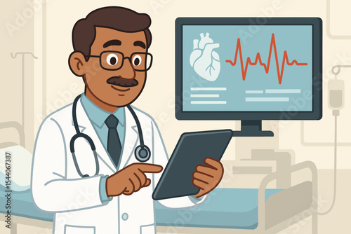 Cartoon cardiologist doctor in hospital analyzing patient heart data on digital tablet with stethoscope, monitor showing EKG cardiogram, modern healthcare technology, medical professional illustration