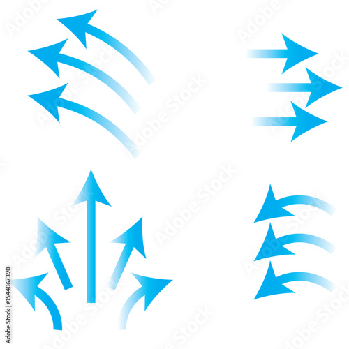 Vector Set of Blue Air Flow and Wind Direction Arrows for Ventilation and Motion Design