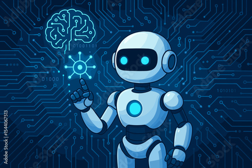 Cute robot with glowing blue eyes interacts with artificial intelligence neural network, futuristic technology, digital brain, circuit board, binary code, innovation, cartoon vector illustration