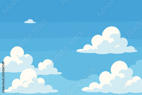 Cartoon blue sky with fluffy white clouds, serene peaceful atmosphere, empty background for banner or web header, copy space, calm weather, vector illustration for text overlay and design