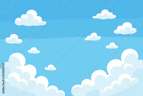 Cartoon blue sky background with fluffy white cumulus clouds, clear space for text or design, tranquil peaceful nature scene, vector illustration for banner, web, children, relaxing decor