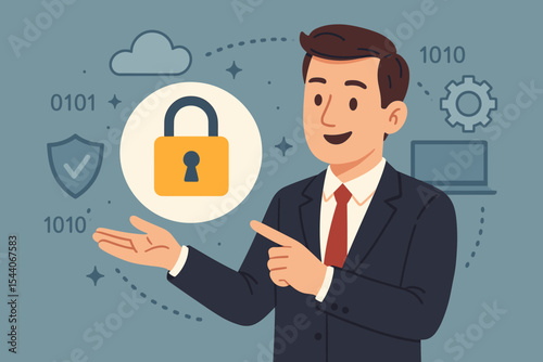 Businessman Presenting GDPR Data Protection, Cyber Security Concept with Padlock Icon, Cloud Storage, Shield, Binary Code, Secure Network, Compliance, Digital Privacy Regulation Illustration