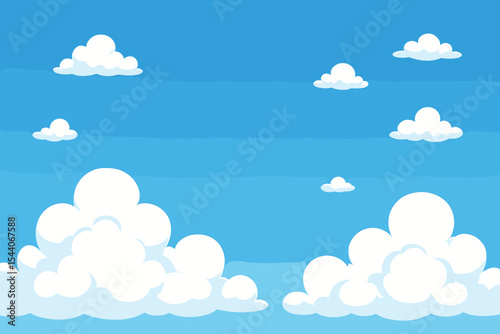 Cartoon blue sky background with fluffy white clouds. Serene landscape illustration for nature, weather, children’s design, text space, banner, website, poster, and template use