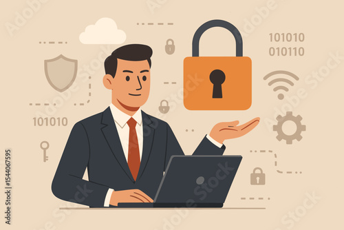 Businessman Laptop Data Protection Cyber Security GDPR Concept. Cartoon Vector. Lock Shield Privacy Encryption Symbol. Secure Internet Network Safety. Information Technology Compliance Illustration