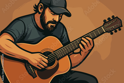 Acoustic guitar player strumming strings, detailed vector illustration. Musician performing, hand playing chords, casual attire. Musical performance, artistic cartoon, hobby, musical talent concept
