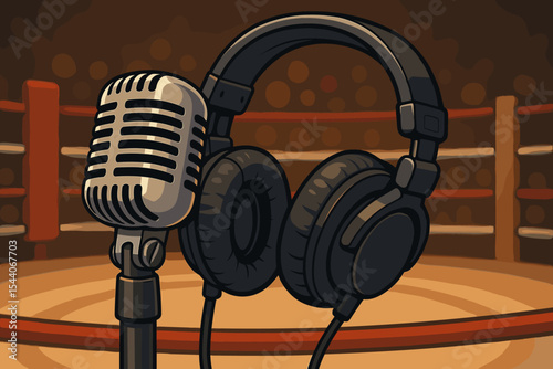 Vintage microphone and headphones on stand in boxing ring, sports announcer audio equipment, podcast broadcast, commentator vector illustration, arena event sound concept, championship atmosphere