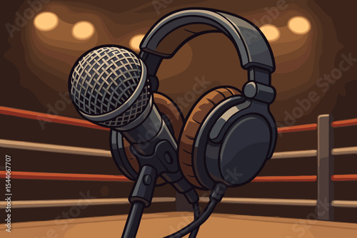 Boxing ring announcer microphone and headphones close-up. Vector cartoon illustration. Sports broadcasting audio equipment. Arena lights. Commentator tools for live match event coverage