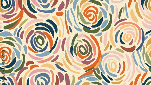 Abstract swirl pattern with curved brush strokes in various colors on a light background creating a design 100