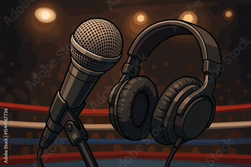 Boxing ring commentator broadcast equipment. Close-up dynamic microphone and headphones. Sports announcer vector illustration. Arena spotlight. Audio technology. Match event sound concept.