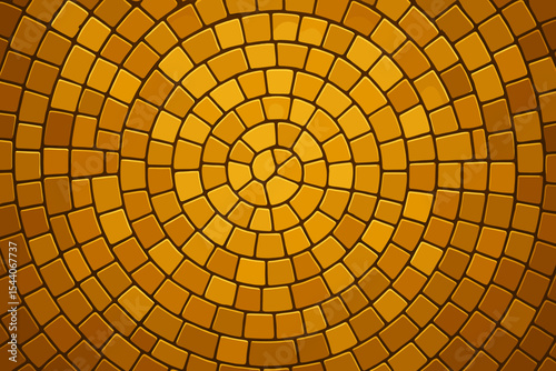 Golden mosaic tile background with concentric circular pattern, intricate square glass tiles, glossy seamless texture, decorative abstract vector design, luxury art deco style illustration