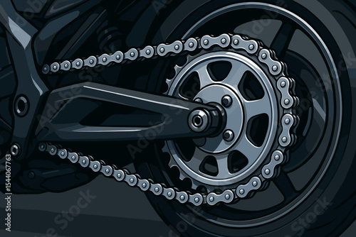 Shiny motorcycle chain and sprocket close up. Modern bike rear wheel, mechanical part, gear system, engineering detail. Vector illustration, no text. Transportation, speed, automotive concept