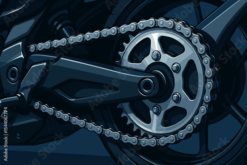Detailed vector illustration of modern motorcycle chain and gear mechanism, close-up view. Shiny metallic sprocket, drive chain, mechanical parts. Technology, engineering, transport concept art