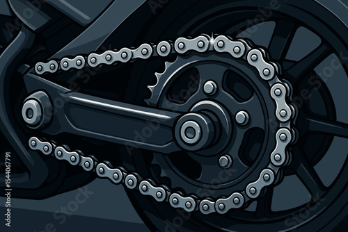 Detailed close-up of shiny motorcycle chain and gear mechanism on modern bike rear wheel. Vector illustration. Mechanical parts, sprocket, metallic elements, transportation, engineering concept