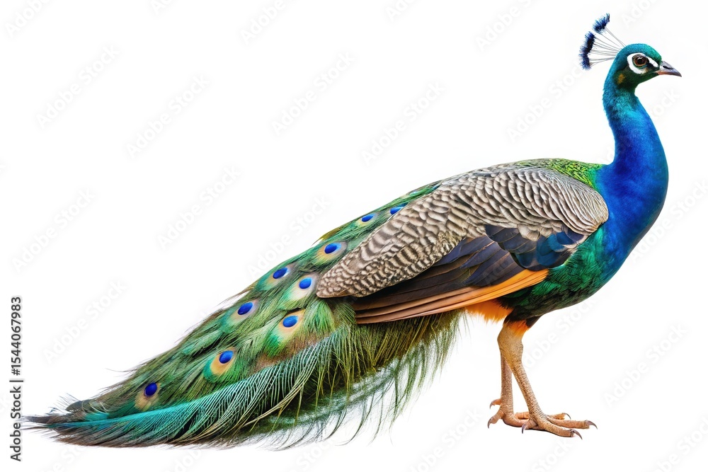 Obraz premium Vibrant indian peafowl male bird isolated on white background