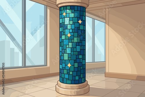 Shining Mosaic Glass Pillar for Modern Interior Design, Blue Geometric Pattern Column Decoration, Elegant Architectural Ornament, Contemporary Office Lobby Vector Illustration