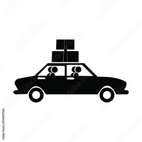 Black Silhouette Car Two Passengers Boxes Rooftop Travel Moving Relocation Trip Journey