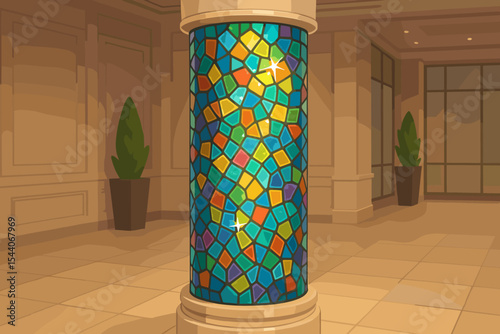 Vibrant Stained Glass Mosaic Pillar in Modern Elegant Interior, Colorful Geometric Tile Pattern Decoration for Luxury Building Lobby, Shining Abstract Column Vector Illustration