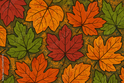 Seamless autumn leaves pattern background. Colorful maple foliage in orange, red, and green with grunge texture. Seasonal fall nature design for seasonal decor, wallpaper, wrapping paper, vector art