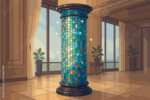 Luxury Mosaic Glass Pillar with Blue Tiles Sparkling in Sunlit Modern Lobby Interior. Elegant Architectural Column Design. Vector Illustration for Upscale Building Decoration, No Text