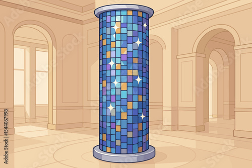 Sparkling Mosaic Glass Pillar for Luxury Interior Design. Blue Geometric Tile Column in Elegant Modern Hall. Decorative Architecture Element. Vector Cartoon Illustration. No Text