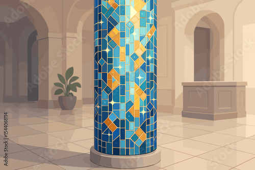 Shining geometric mosaic glass column with blue and gold tiles for elegant contemporary interior design, luxury architecture, modern lobby decoration, vector illustration, no text, arch hallway