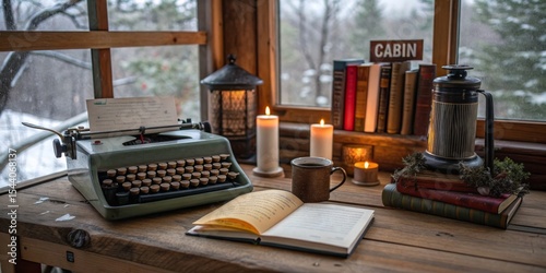 Cozy cabin workspace with vintage typewriter, warm candles, and a scenic winter view in the background