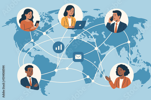 Global business network communication, remote teamwork, data exchange, international collaboration, corporate connectivity, digital transformation, multinational people, world map vector illustration