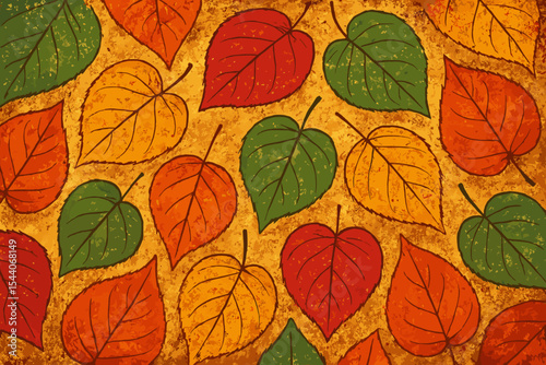 Vibrant Autumn Leaves Pattern Seamless Texture. Grunge Effect. Colorful Red, Orange, Yellow, Green Foliage. Seasonal Fall Nature Background. Vector Illustration for Wallpapers, Fabric, Packaging