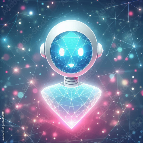 A color image of the head of a cute cartoon cyborg in a digital virtual space on a purple blue-pink background. Vector graphics. EPS.