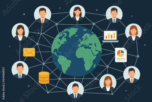 Global business network structure, interconnected team communication, customer data exchange, digital collaboration, worldwide partnership, analytics, corporate teamwork, flat vector illustration