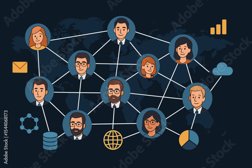 Global business network connection, data exchange and communication concept, corporate teamwork, digital team collaboration, cloud technology, analytics, worldwide organization vector illustration