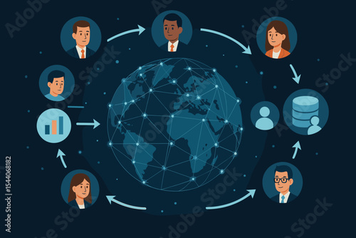 Global business network data exchange, connected people, teamwork communication, international corporate partnership, data analytics, worldwide digital collaboration, vector illustration