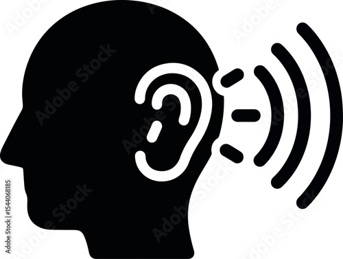 Minimal icon representing listening, featuring a human head with an ear or sound waves to symbolize attention, communication, or audio reception.

