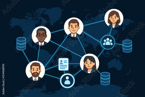 Global business network, data exchange, customer connection, corporate teamwork, diverse professionals, international partnership, digital communication, database integration, worldwide team concept
