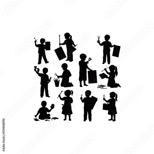 children silhouette vector learning to color painting