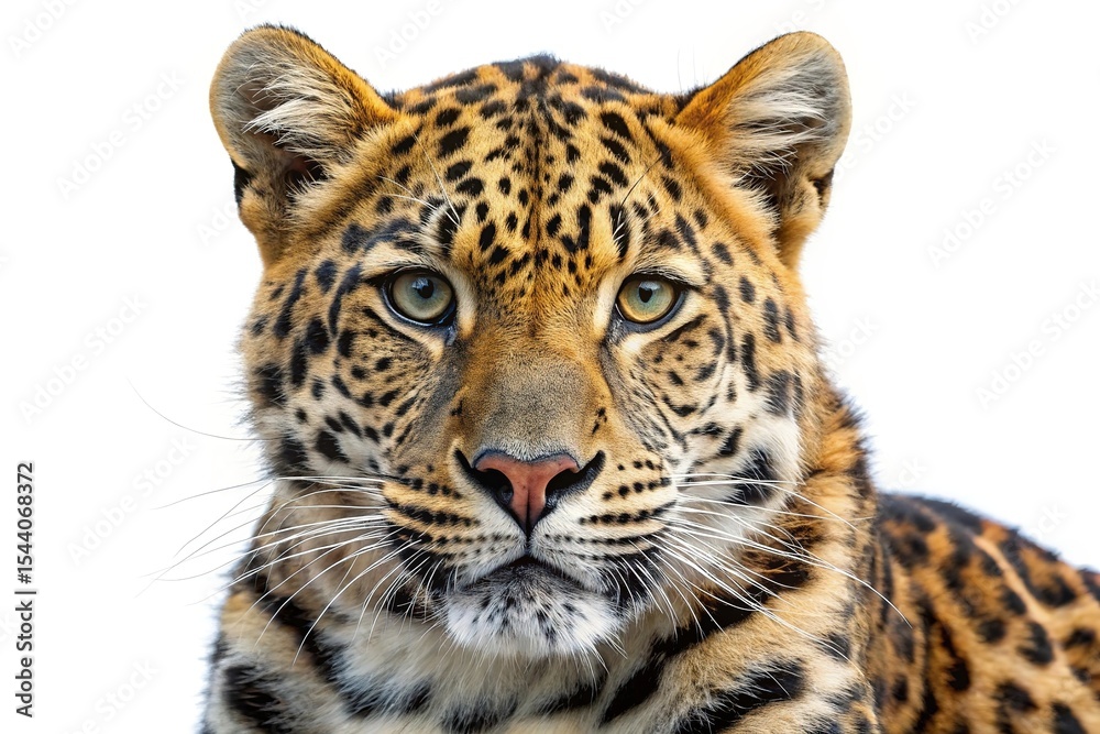 Obraz premium Close up portrait of an amur leopard against a white background